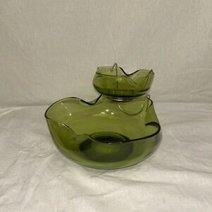 MCM Anchor Hocking Avocado Green Glass Chip and Dip Bowls with Holder